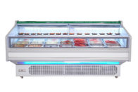 La vetrina aperta di Refrigeratior dell'esposizione della carne fresca dell'annuncio pubblicitario con l'auto disgela