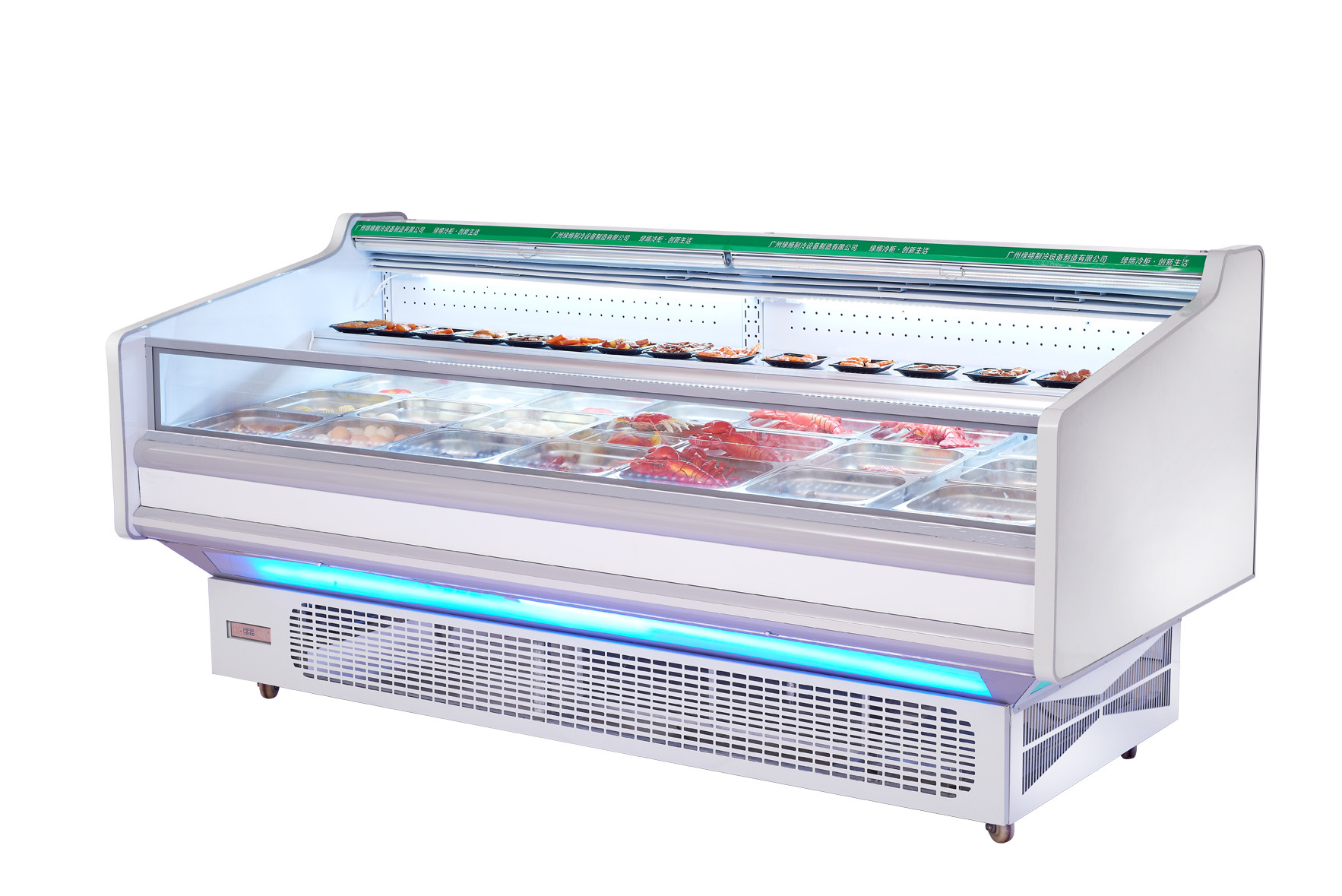 La vetrina aperta di Refrigeratior dell'esposizione della carne fresca dell'annuncio pubblicitario con l'auto disgela