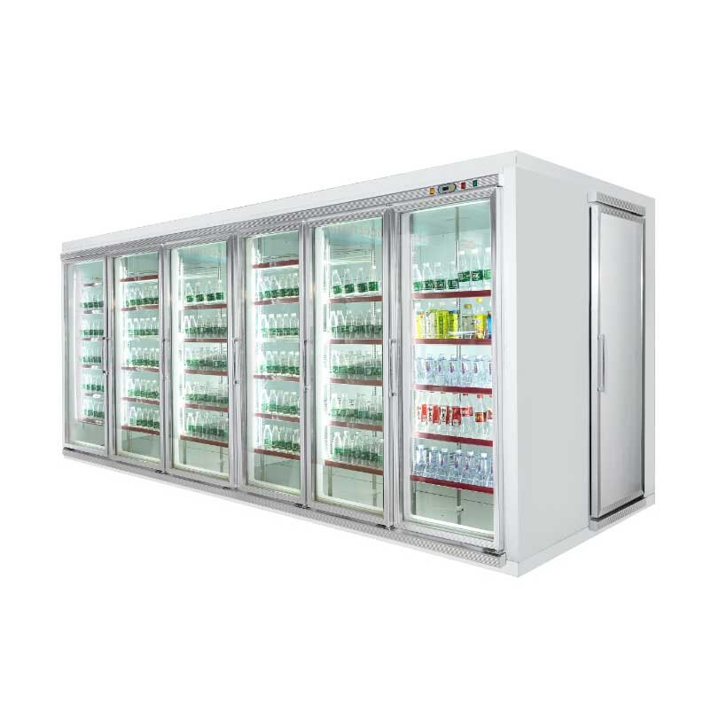 Refrigeratore/passeggiata di vetro refrigerati dell'esposizione della porta in congelatore ad aria compressa con l'espositore per carne e la verdura