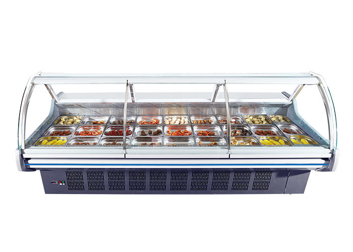 La ghiottoneria del negozio della macelleria visualizza la vetrina del frigorifero dell'esposizione della carne del frigorifero con il portello scorrevole posteriore