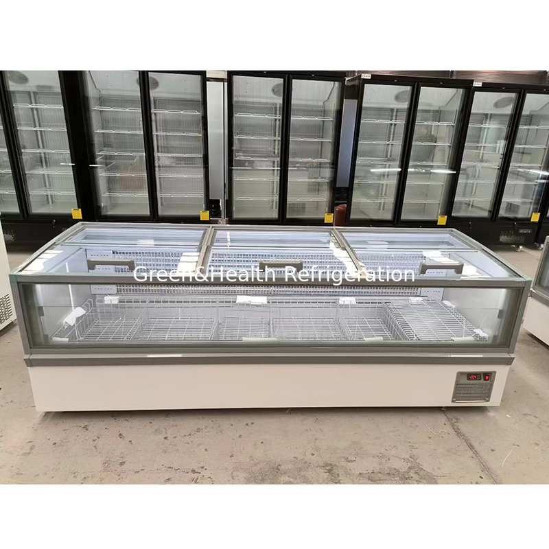 Grandi vetro vetro Display Cabinet Supermercato Isola congelatore con alluminio in rilievo interno