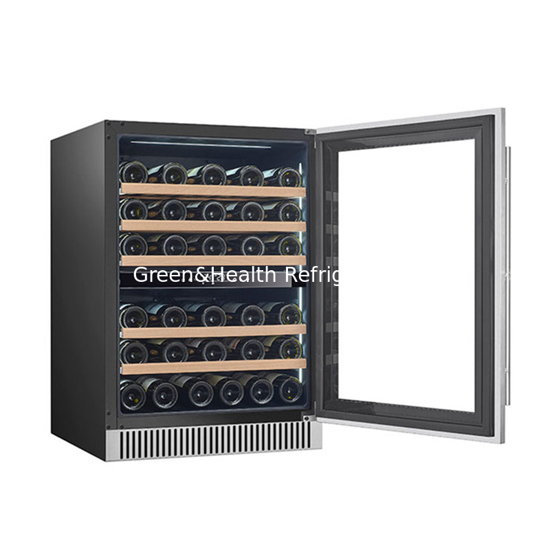 Refrigeratore per vino elettrico nero con scaffali in legno Refrigeratore per porta in vetro a doppia zona