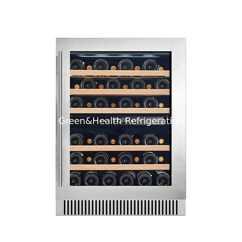 Refrigeratore per vino elettrico nero con scaffali in legno Refrigeratore per porta in vetro a doppia zona