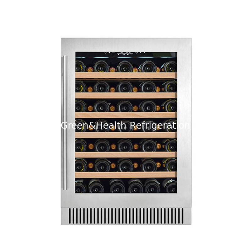 Refrigeratore per vino elettrico nero con scaffali in legno Refrigeratore per porta in vetro a doppia zona