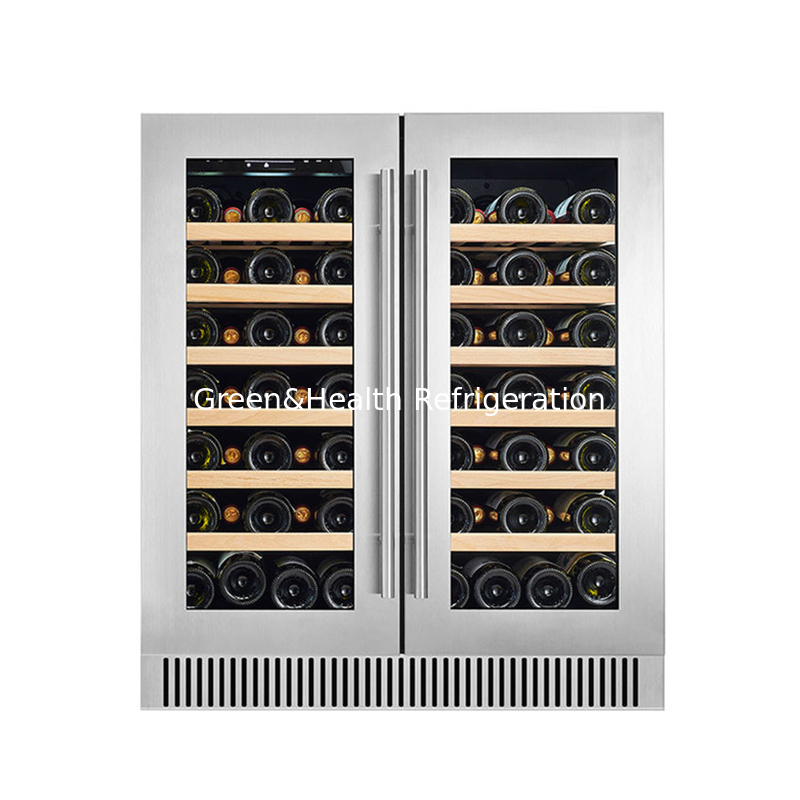 Refrigeratore per vino elettrico nero con scaffali in legno Refrigeratore per porta in vetro a doppia zona