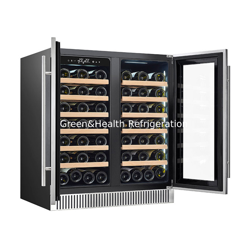 Refrigeratore per vino elettrico nero con scaffali in legno Refrigeratore per porta in vetro a doppia zona
