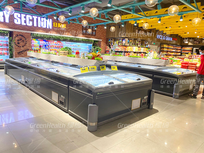 8 Ft Grande Supermercato Isola Visualizza porta scorrevole di vetro Congelatore per lo stoccaggio del pollo