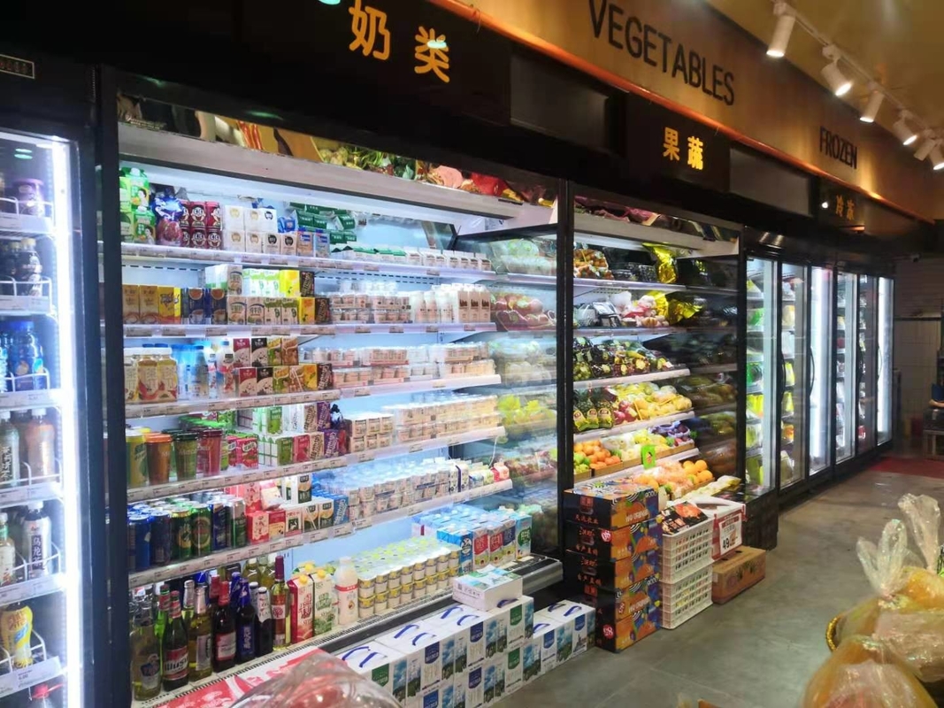 Frigorifero espositore per verdure a plug-in, espositore multideck, refrigeratore commerciale a vetrina aperta