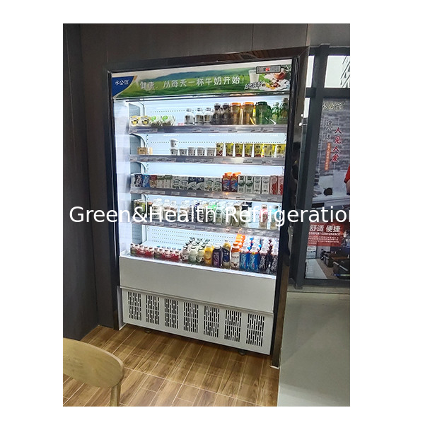 I negozi di comodità utilizzano frigoriferi a piccola tenda ad aria a vetro trasparente aperto a più strati