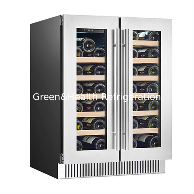 Certificato ETL 68 Bottiglie Due porte di vetro Due zone di temperatura indipendenti Mensole di legno di rovere Conservatorio di vino rosso Congelatore frigorifero