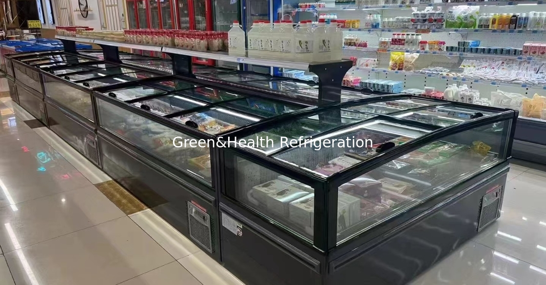 Espositore per carne di pesce congelata a -22 gradi, congelatore a isola plug-in per supermercato
