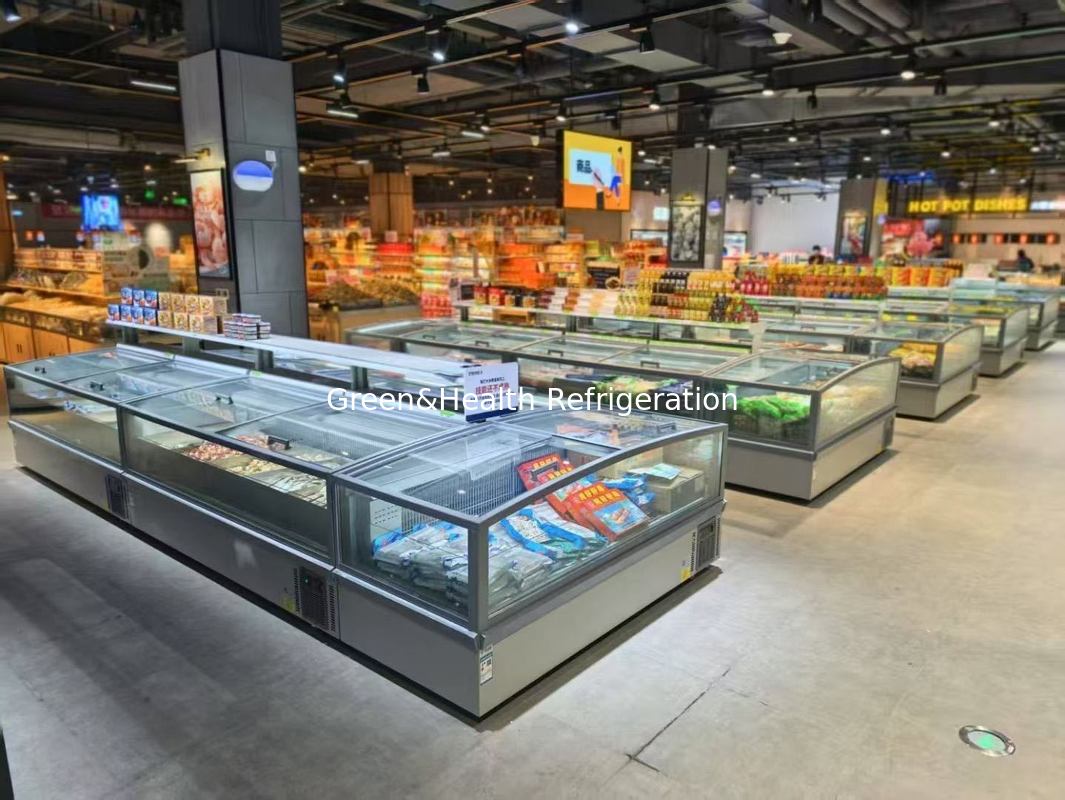 Congelatore a isola per supermercato con porta scorrevole panoramica in vetro, grande capacità, congelatore a pozzetto per l'esposizione di alimenti surgelati