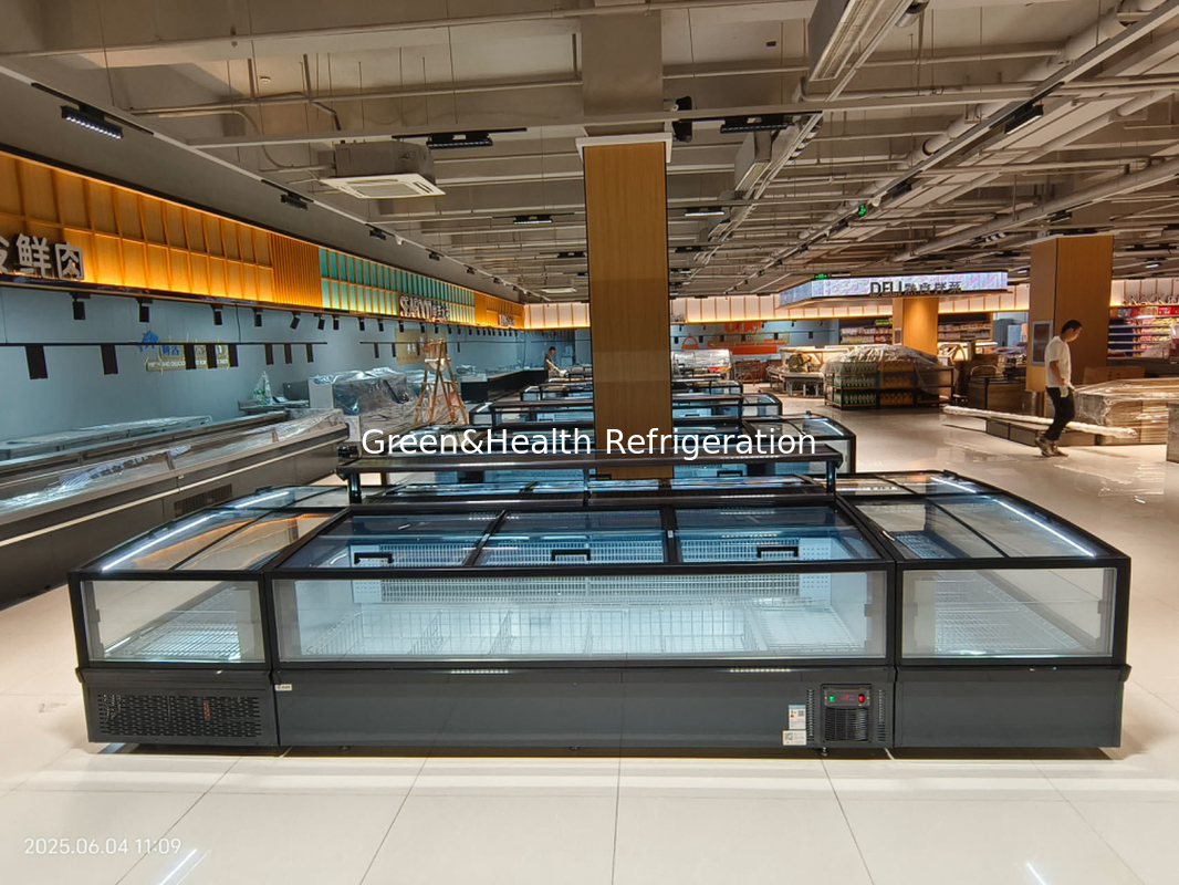 Congelatore a isola commerciale a raffreddamento diretto ad alta efficienza | Congelatore espositivo per supermercato con sbrinamento automatico e illuminazione a LED