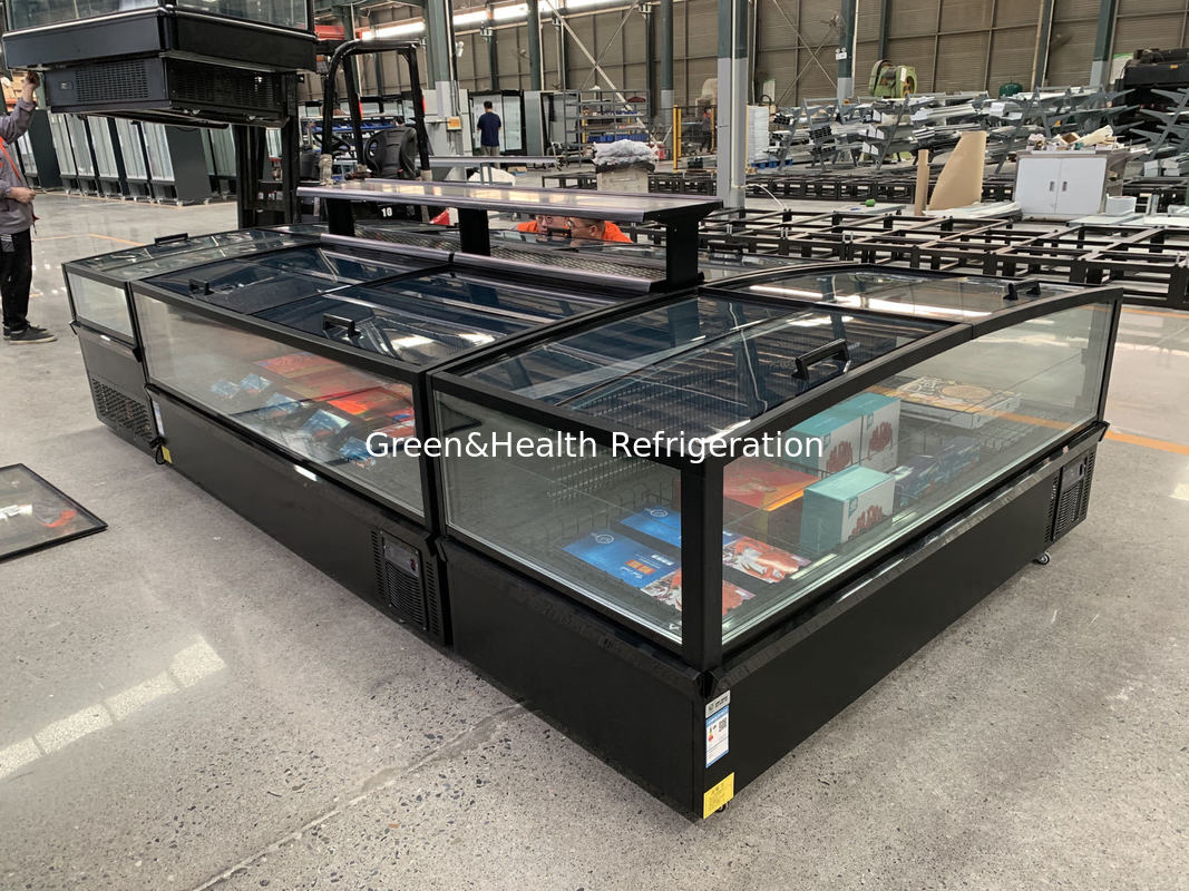 Congelatore a isola per supermercato con porta scorrevole panoramica in vetro, grande capacità, congelatore a pozzetto per l'esposizione di alimenti surgelati