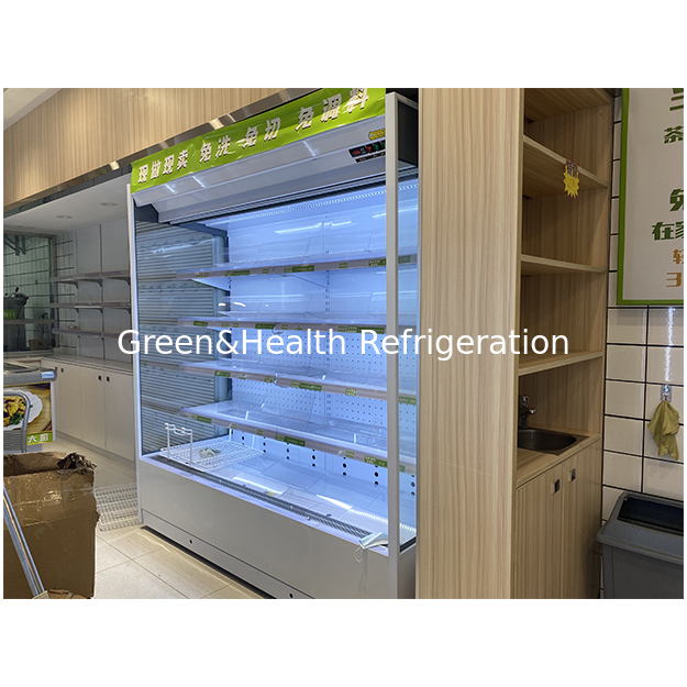 Freezer aperto refrigerato per conservazione frutta/verdura/latte con struttura in acciaio inox e vetro a cinque strati ad angolo retto