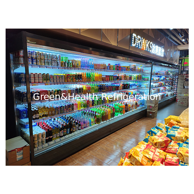 Freezer aperto refrigerato per conservazione frutta/verdura/latte con struttura in acciaio inox e vetro a cinque strati ad angolo retto