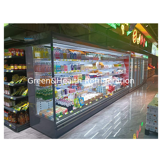 Freezer aperto refrigerato per conservazione frutta/verdura/latte con struttura in acciaio inox e vetro a cinque strati ad angolo retto