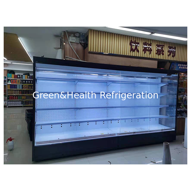 Freezer aperto refrigerato per conservazione frutta/verdura/latte con struttura in acciaio inox e vetro a cinque strati ad angolo retto