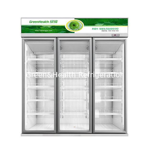 Congelatore a display refrigerato a tre porte per bevande con ventilatore a scongelamento automatico, raffreddamento e scaffali regolabili