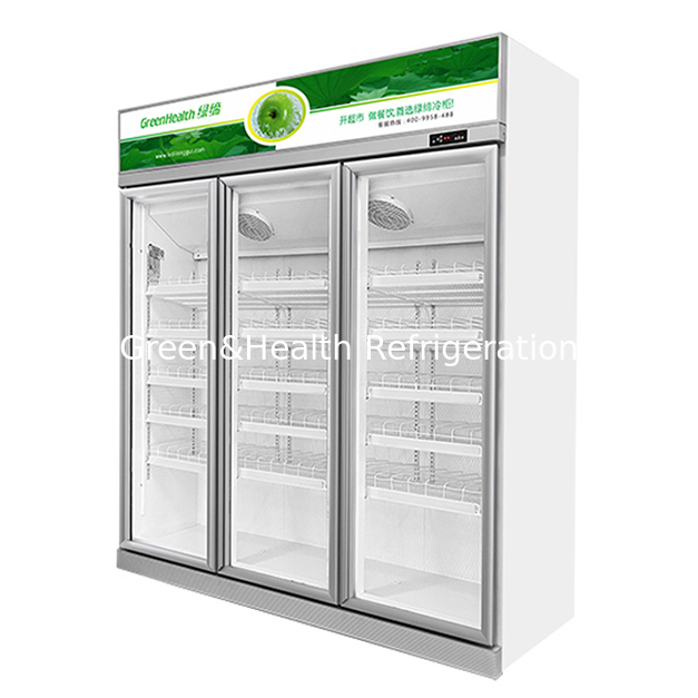 Congelatore a display refrigerato a tre porte per bevande con ventilatore a scongelamento automatico, raffreddamento e scaffali regolabili