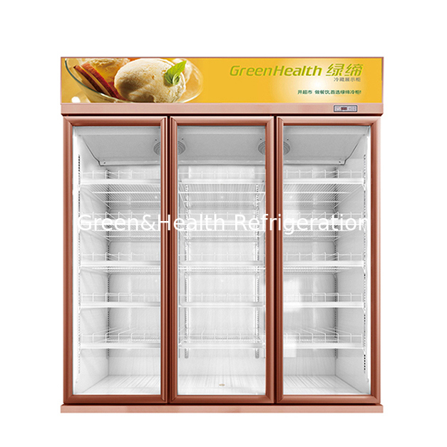 Congelatore a display refrigerato a tre porte per bevande con ventilatore a scongelamento automatico, raffreddamento e scaffali regolabili