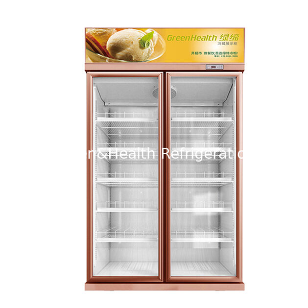 Congelatore espositivo per bevande a due porte in vetro con unità di refrigerazione montata in alto, sbrinamento automatico e volume di 1154L