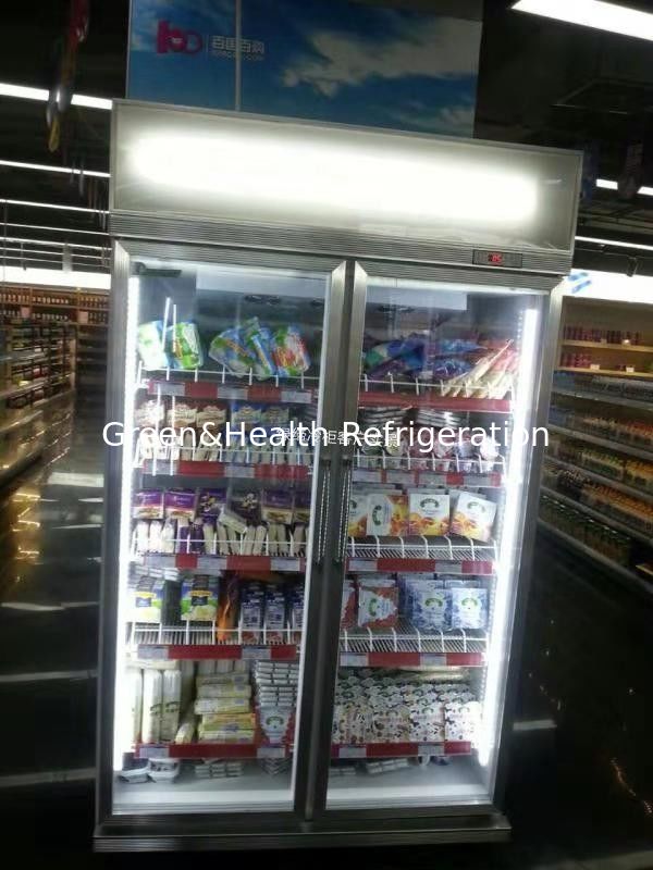 Catena di negozi Regola regolabile 2 porta di vetro Congelatore per alimenti surgelati con raffreddamento da ventola