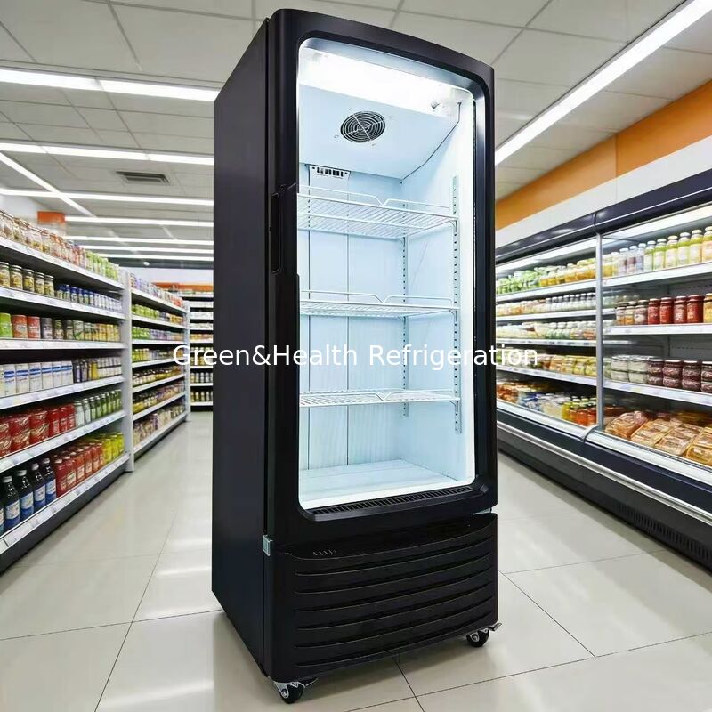 Supermercato Porta di vetro singola Display commerciale raffreddatore Vertical Chiller ventilatore di raffreddamento bevande
