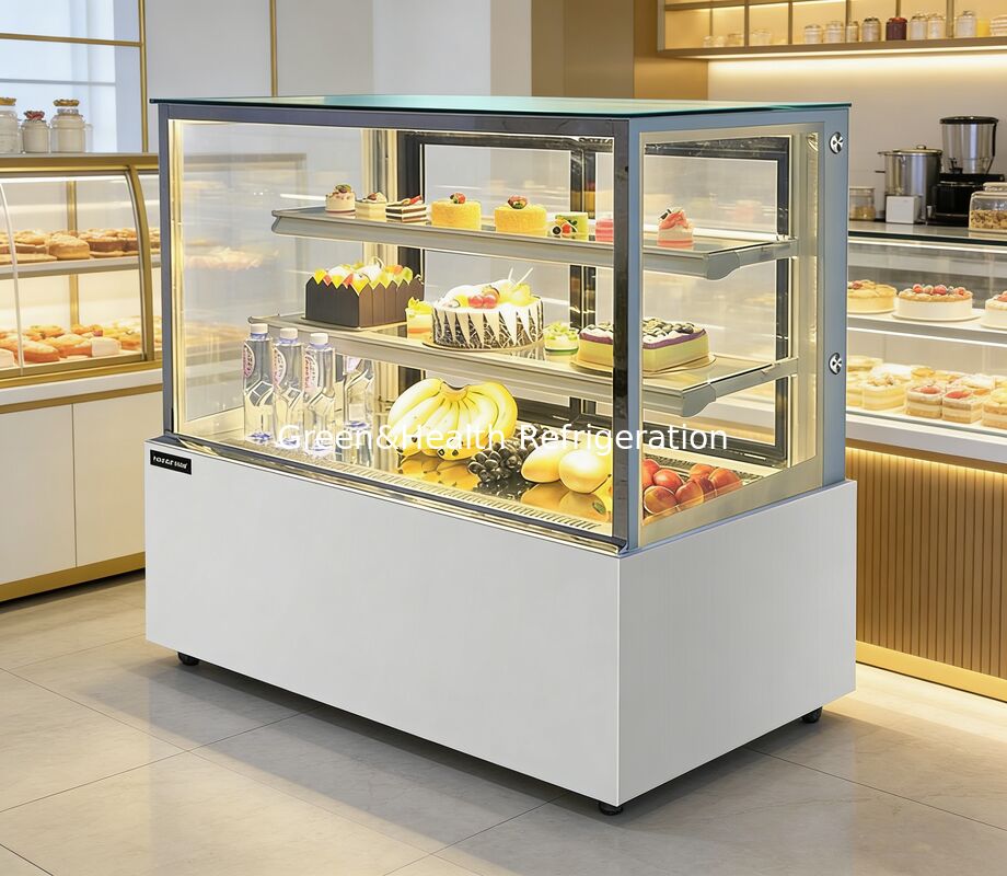 Commercial Cake Display Freezer Curved/Right angled Glass & Stainless Steel Design with Multi-tier Shelves