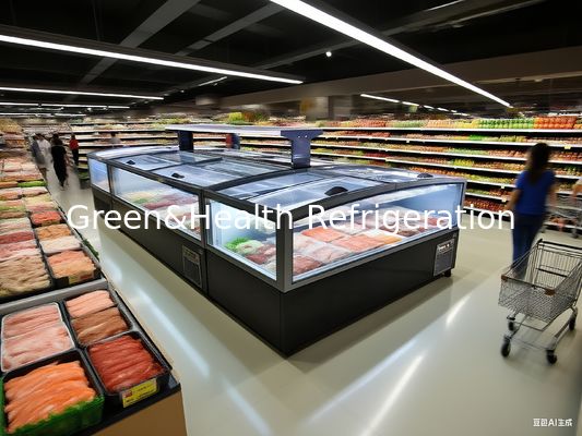 Congelatore a isola per supermercato con porta scorrevole panoramica in vetro, grande capacità, congelatore a pozzetto per l'esposizione di alimenti surgelati