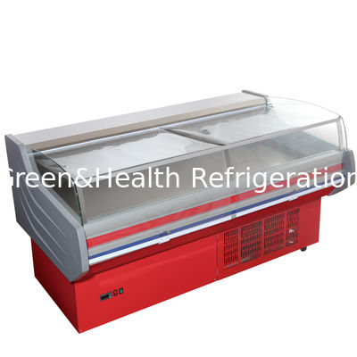 Frigorifero dell'esposizione della ghiottoneria di ROHS, congelatore aperto dell'esposizione dell'annuncio pubblicitario con vetro curvo per i frutti di mare della carne